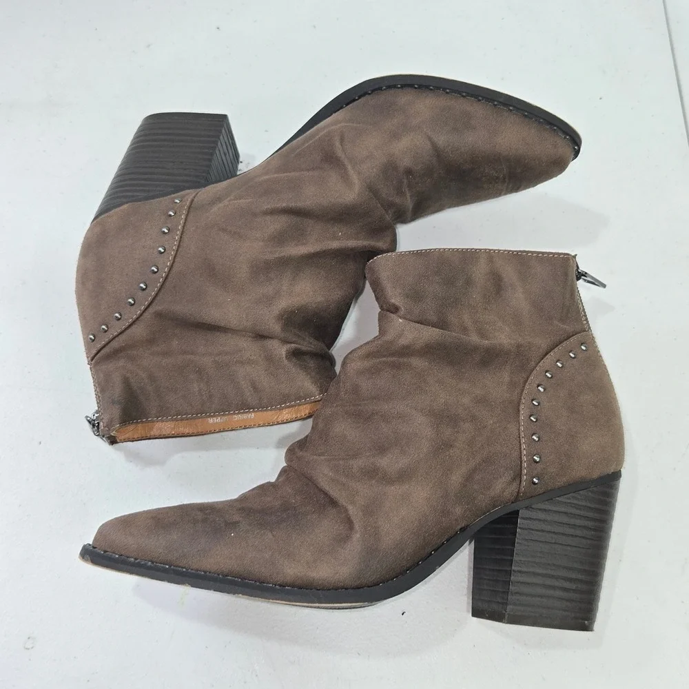 L4L Halo Womens 8.5 Taupe Brown Studded Slouchy Ankle Booties Block Heel Zip Up